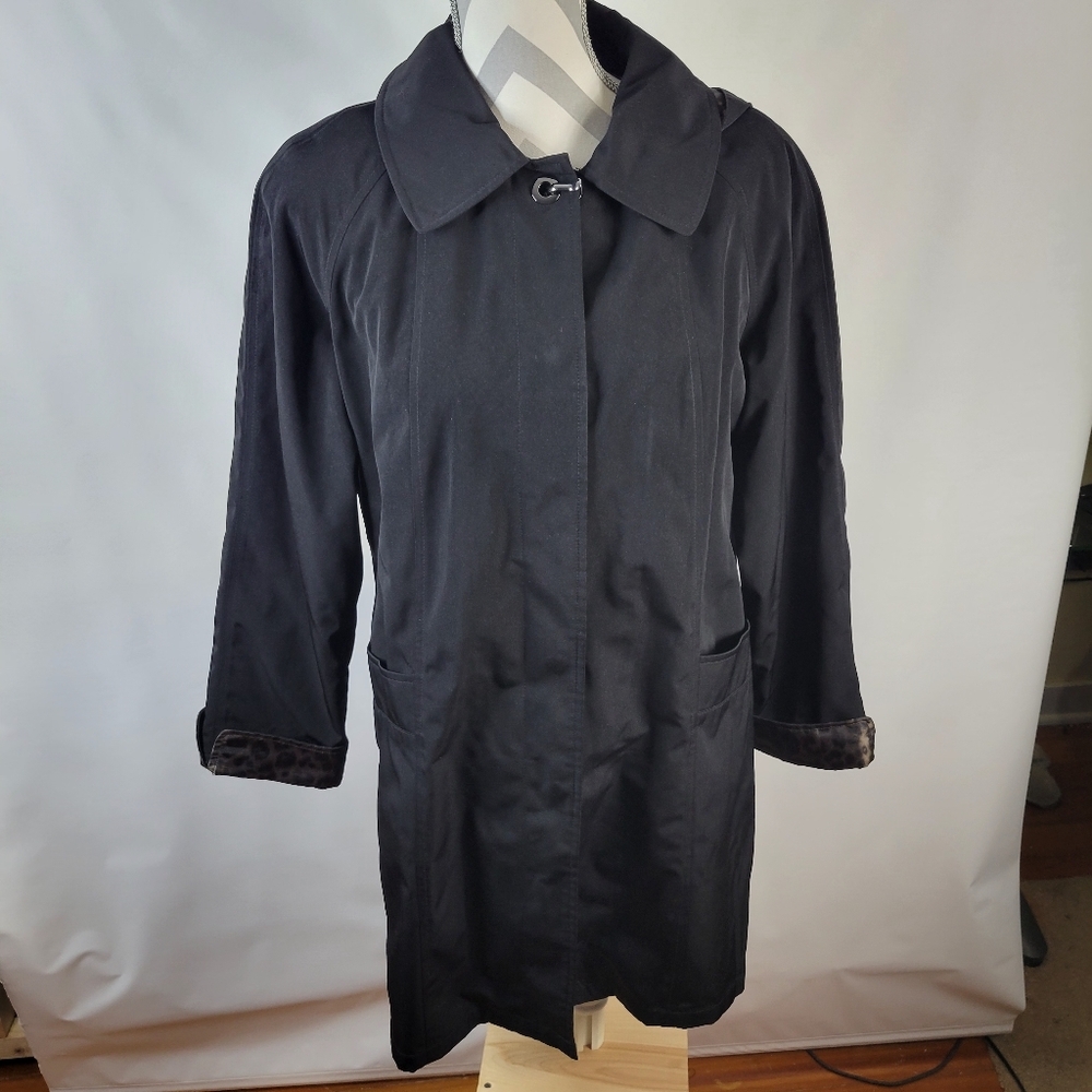 Liz Claiborne Petites Womans Hooded Trench Black/Leopard Print Snap Front S PL